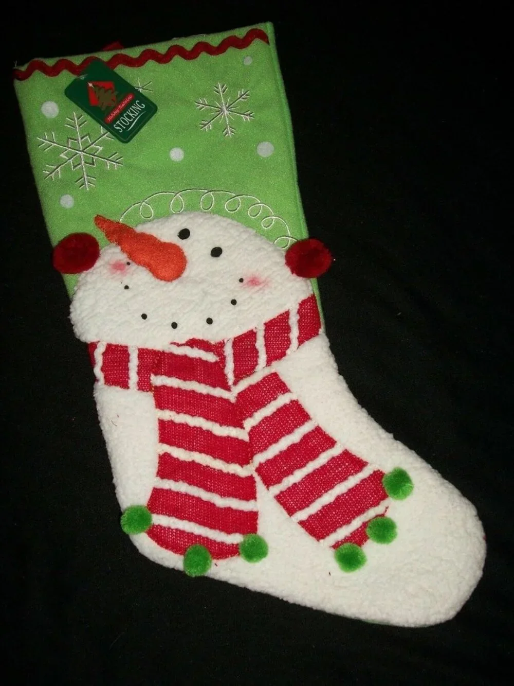 Green Snowman Scarf Snowflake Christmas Stocking Holiday Decoration Sherpa Pom